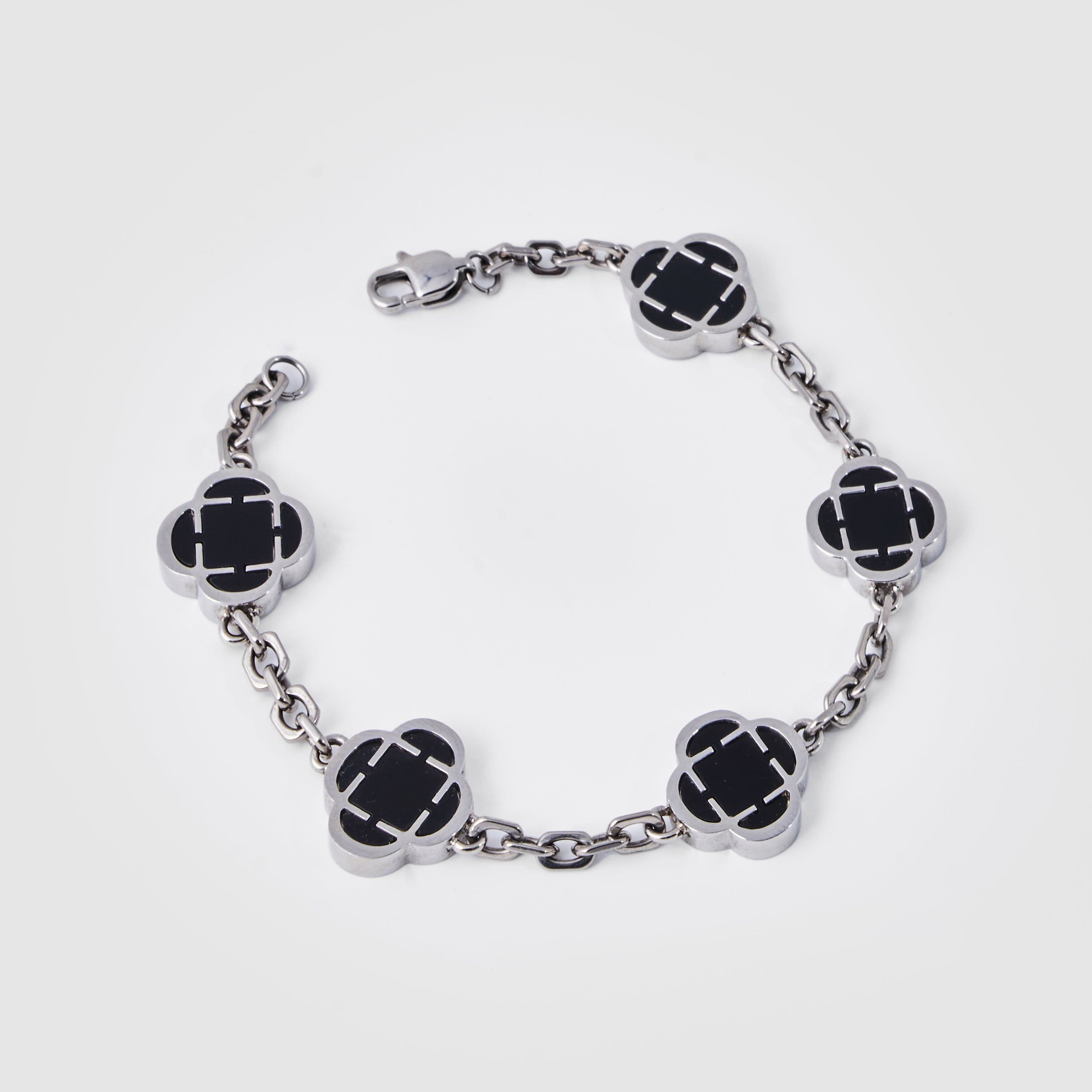 Onyx Clover Stone Bracelet (Silver)